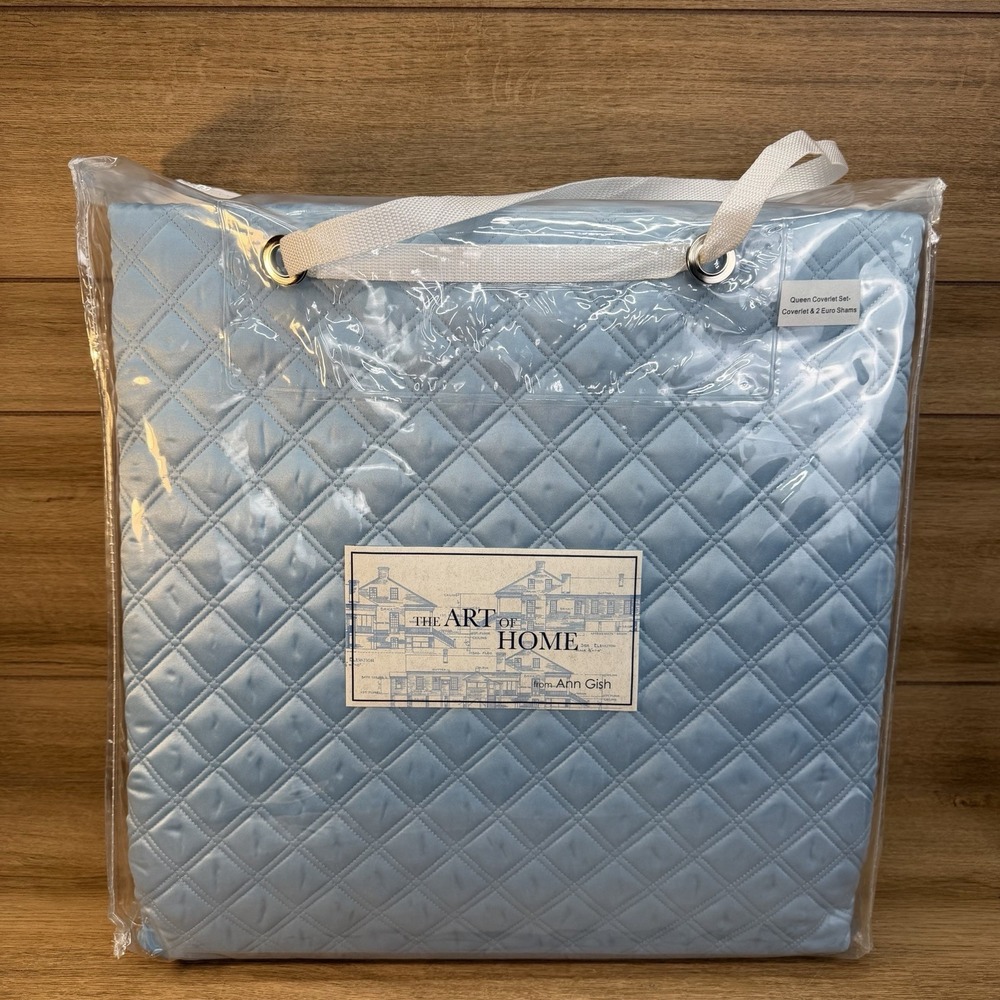 ANN GISH THE ART OF HOME QUEEN COVERLET 3 EURO SHAM DOUBLE DIAMOND SKY BLUE BNIP
